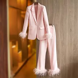 Luxury Pink Feather Pantsuit