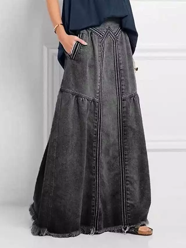 Maxi Length Denim Skirt for Women - Blue Gray