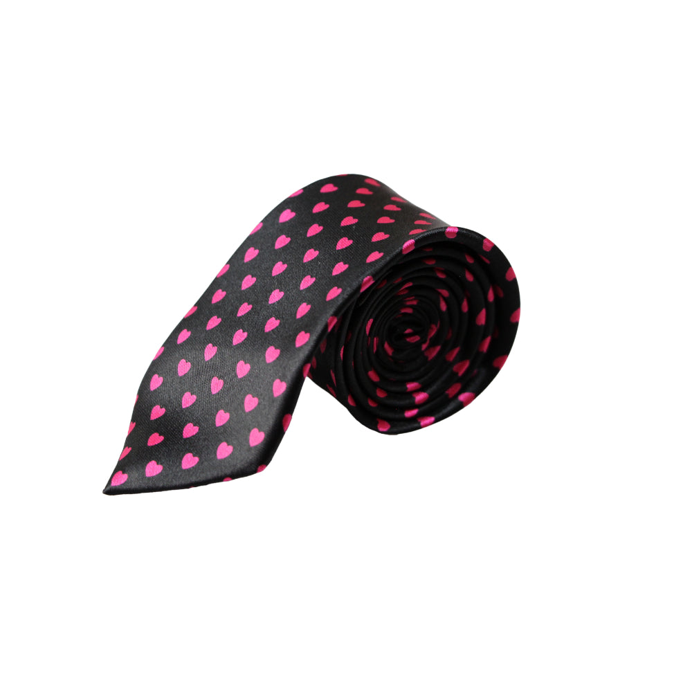 Mens Black With Pink Hearts 5cm Skinny Neck Tie