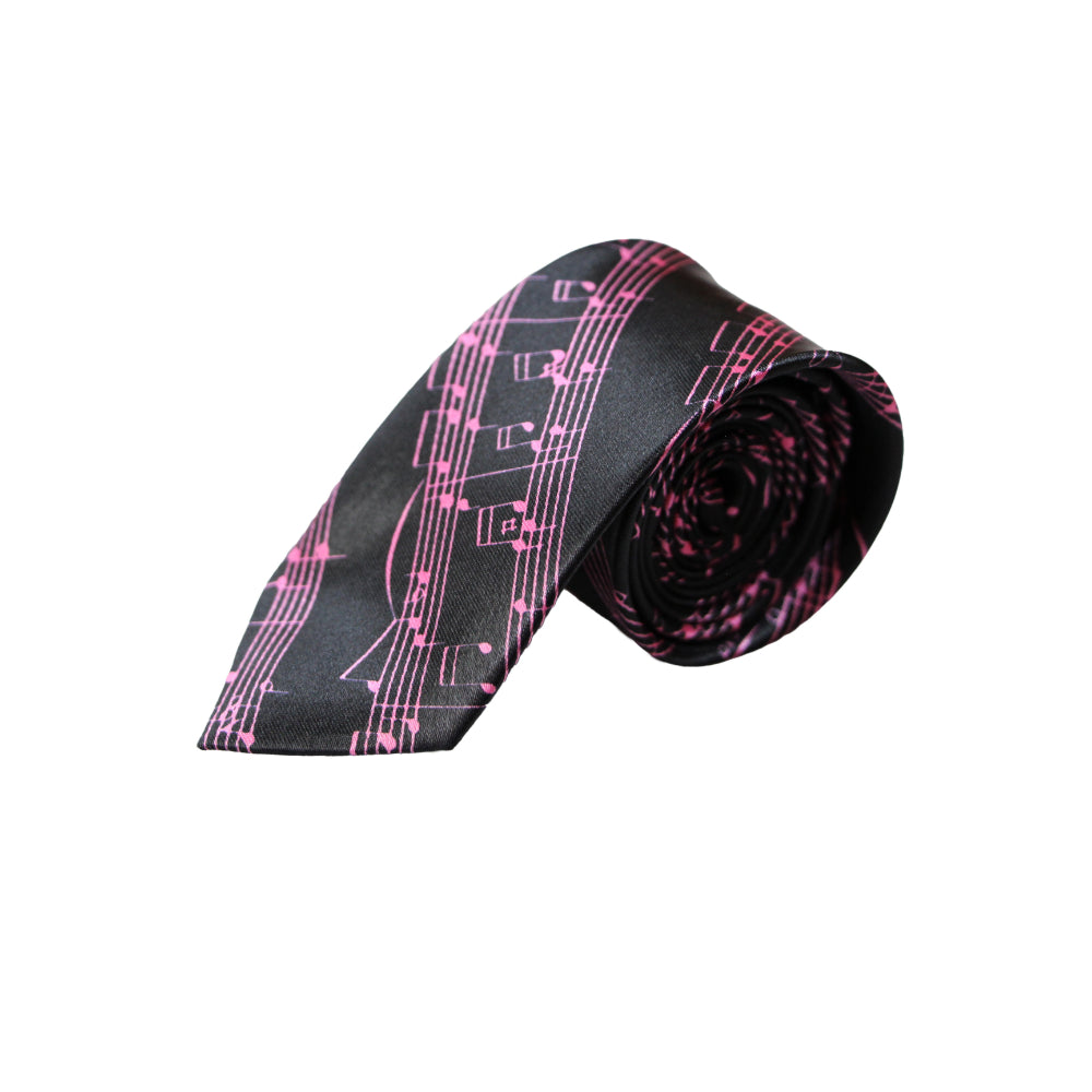 Mens Black With Pink Musical Notes 5cm Skinny Neck Tie