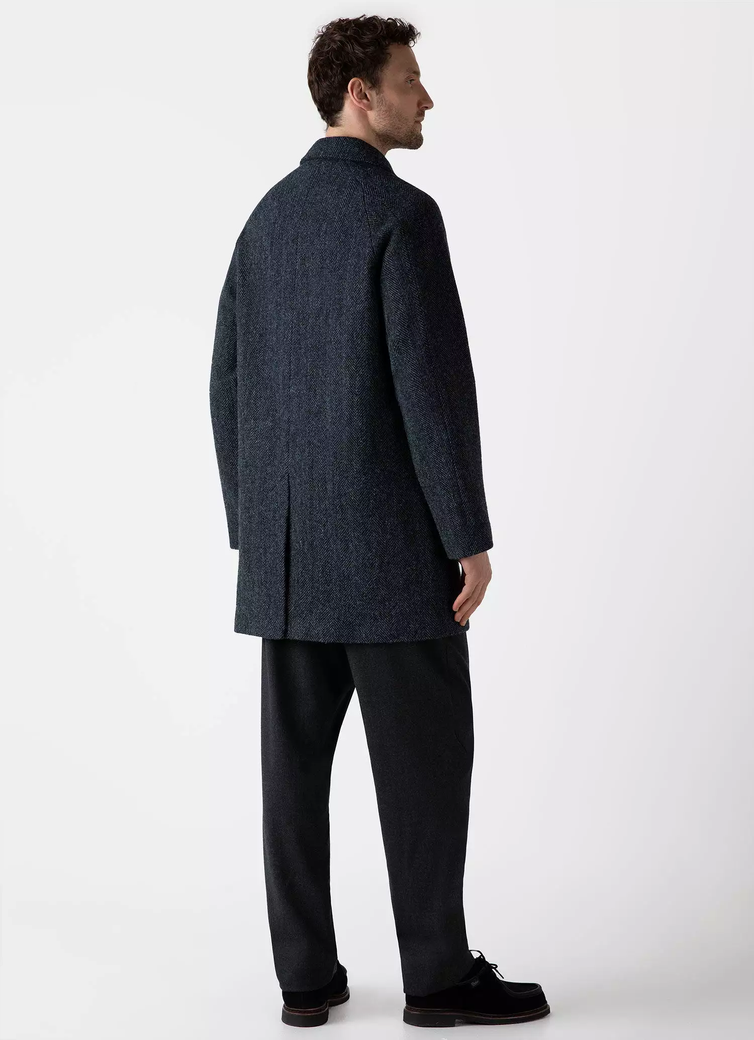 Men's Harris Tweed Car Coat in Blue Herringbone