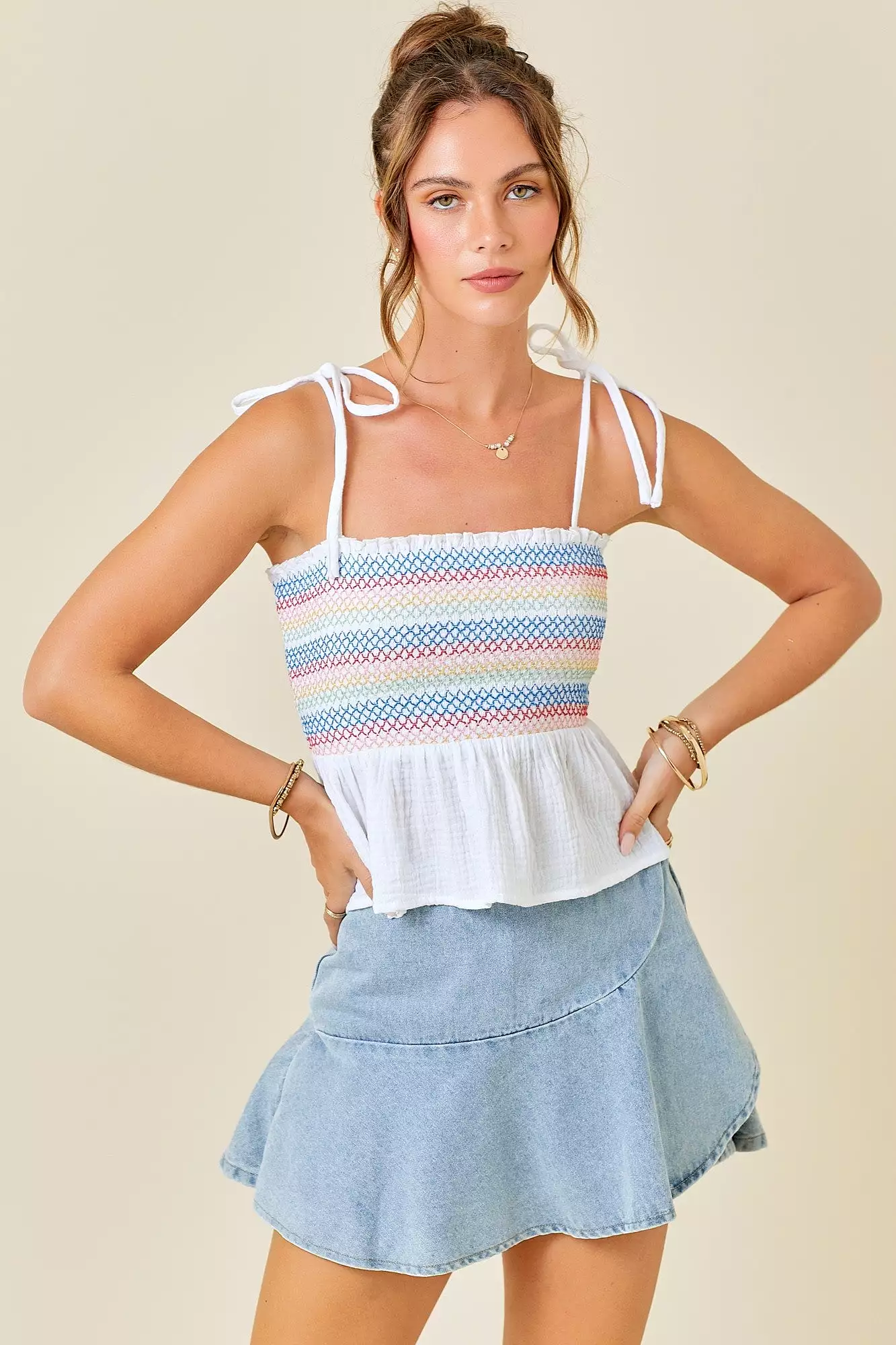 Multi-Color Stitching Detail Babydoll Top