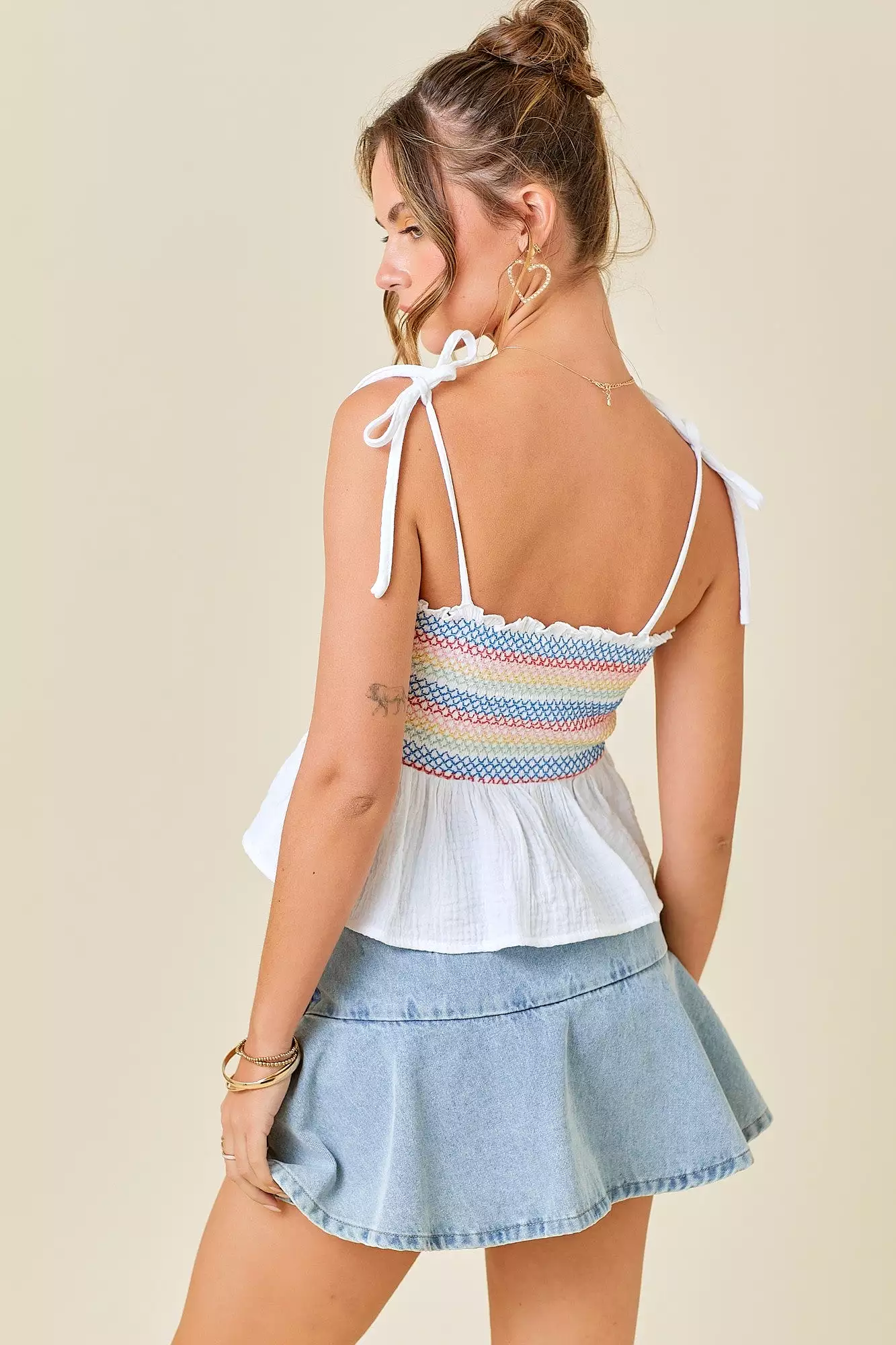 Multi-Color Stitching Detail Babydoll Top