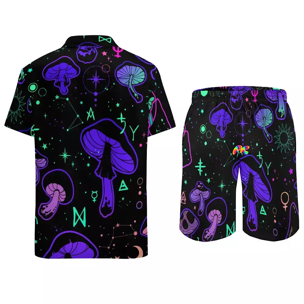 Mushroom Cult Men's Rave Festival Outfit: Button-Up Top and Two-Piece Swim Shorts Set