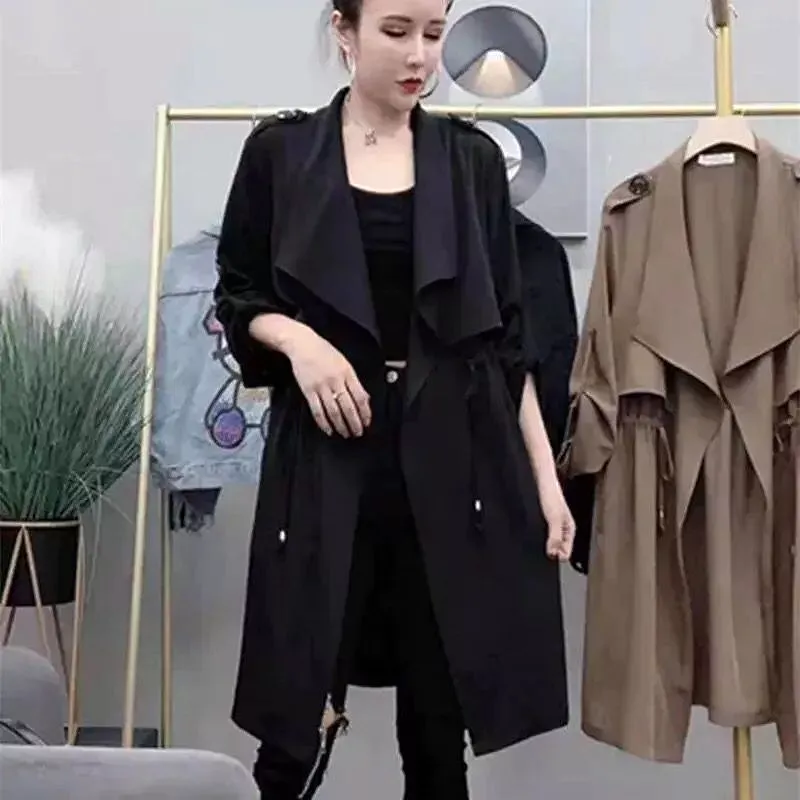 New Women's Trench Coat Long Thin Casual Windbreaker Female Overcoats Loose Drawstring Outwear Cardigan Abrigos Mujer B-32180