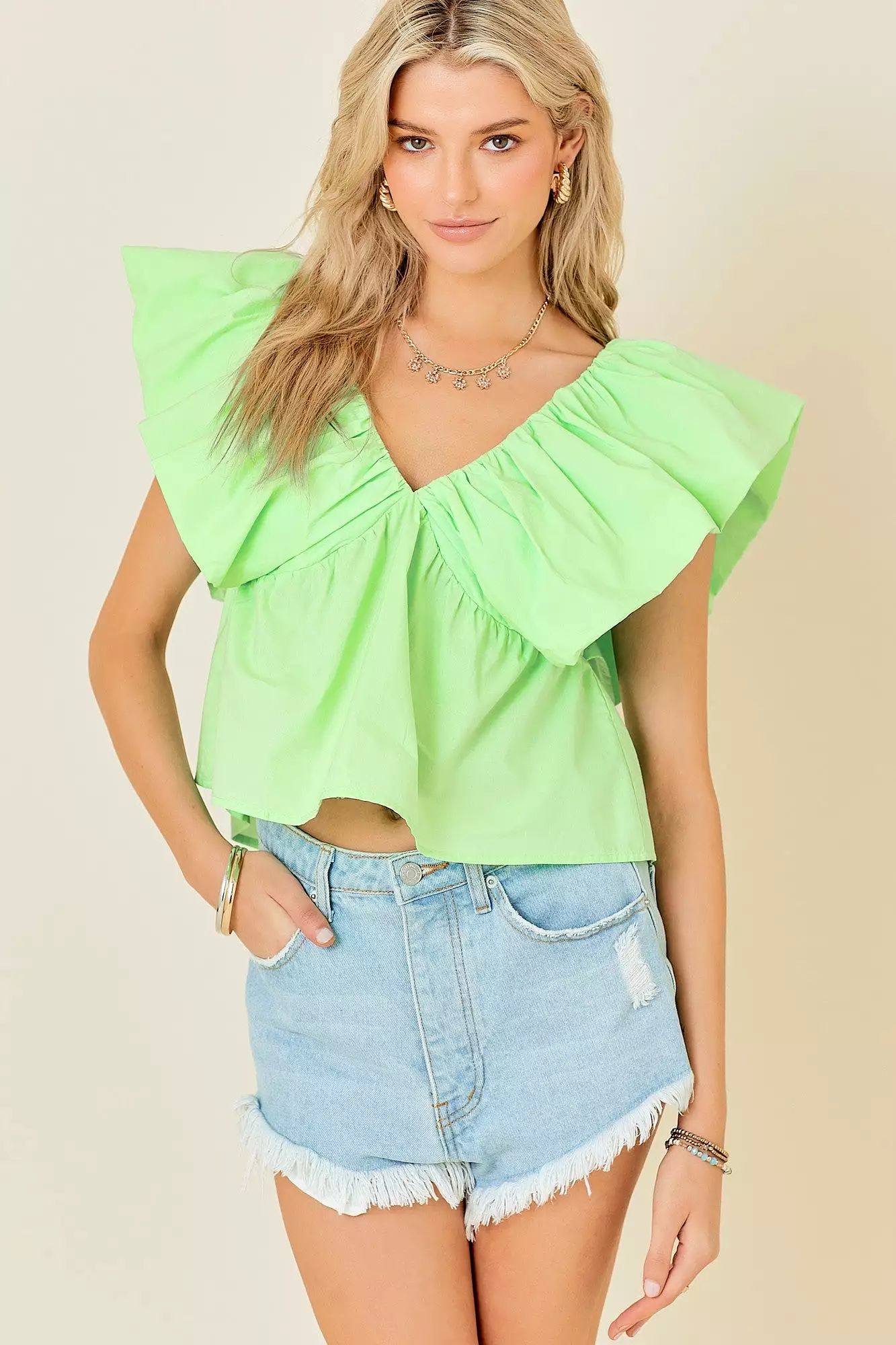 Open V-Neck Ruffle Sleeve Poplin Top