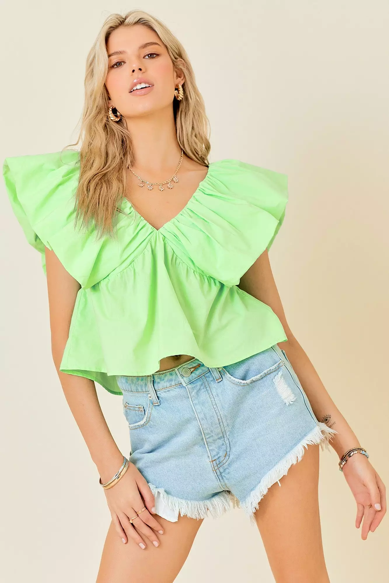 Open V-Neck Ruffle Sleeve Poplin Top