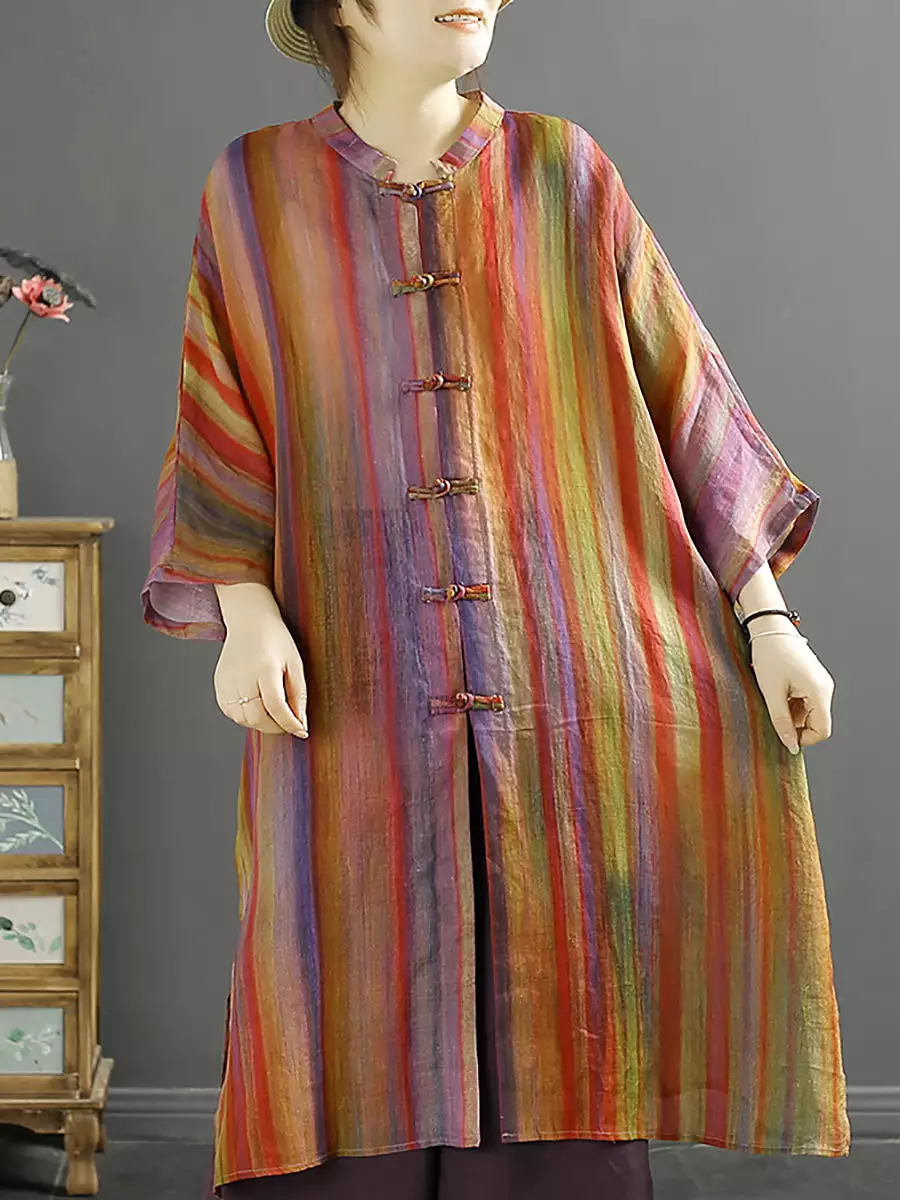 Plus Size Women Summer Stripe Button-up 100%Ramie Shirt Coat KL1032