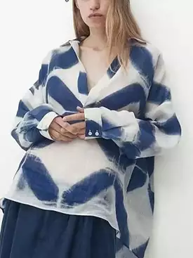 Polo Collar Blue Printed Tie Dyed Women's Shirt Autumn Long Sleeve