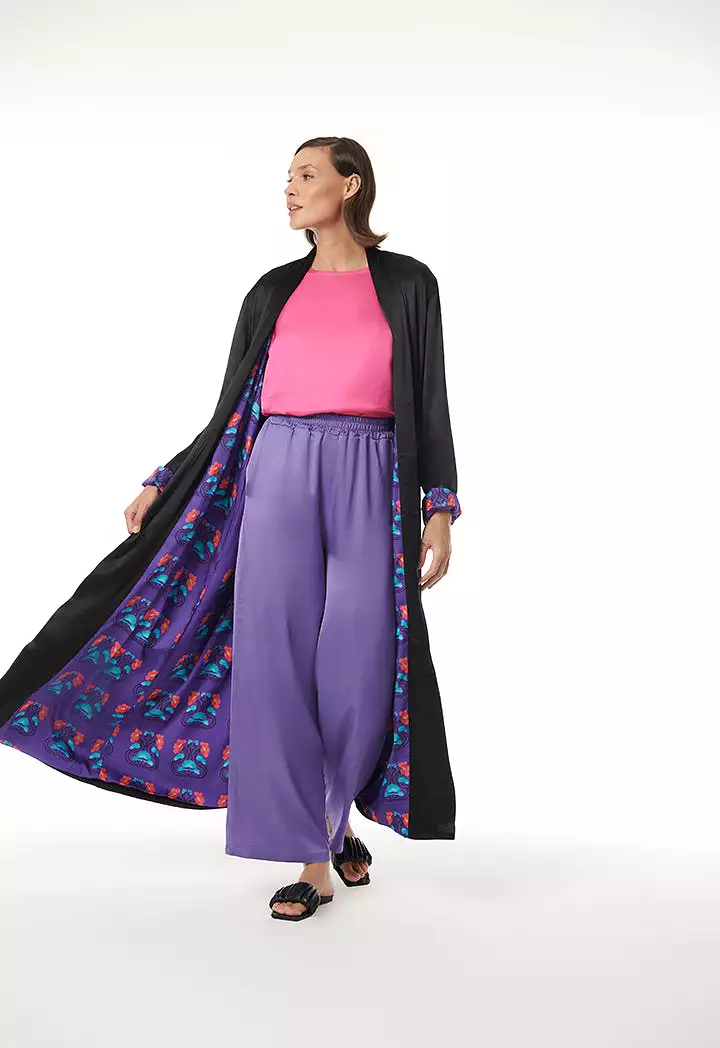 Printed Lining Solid Outer Maxi Open Abaya