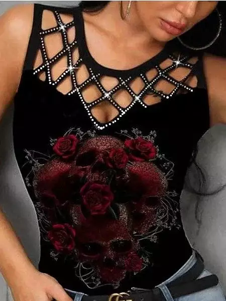 Skull and Flower Print Sleeveless Tank Top for Women