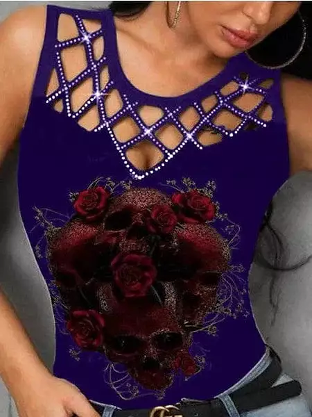 Skull and Flower Print Sleeveless Tank Top for Women