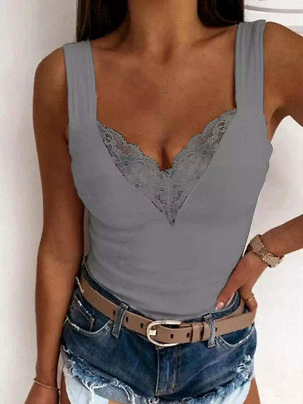 Sleeveless Tank Top with Sweetheart Neckline and Lace Trims for Women