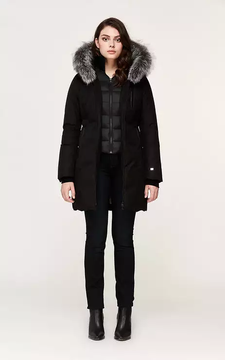 SOIA & KYO WOMENS CHRISTY BRUSHED DOWN COAT WITH REMOVABLE SILVER FUR BLACK