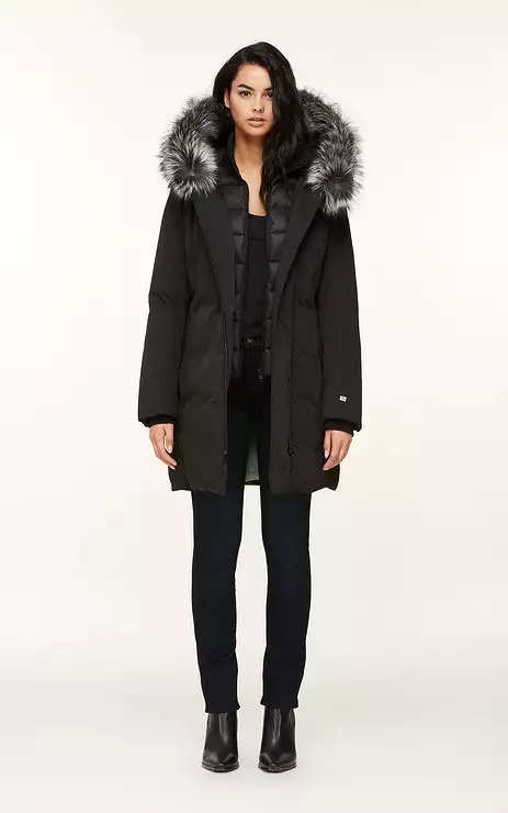 SOIA & KYO WOMENS SALMA CLASSIC DOWN COAT WITH REMOVABLE SILVER FUR BLACK