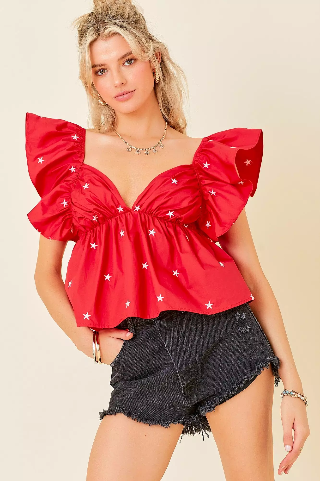 Star Embroidered Babydoll Poplin Top