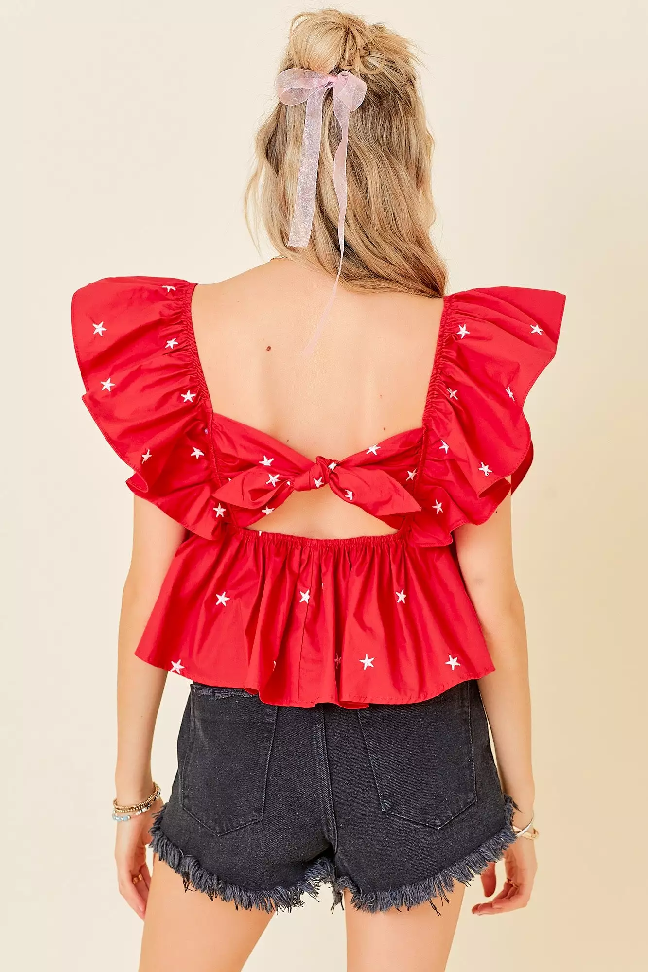 Star Embroidered Babydoll Poplin Top