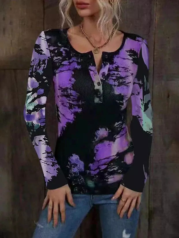 Stylish Women's Tie Dye Henley Shirt with Long Sleeves