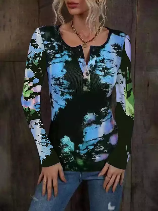 Stylish Women's Tie Dye Henley Shirt with Long Sleeves