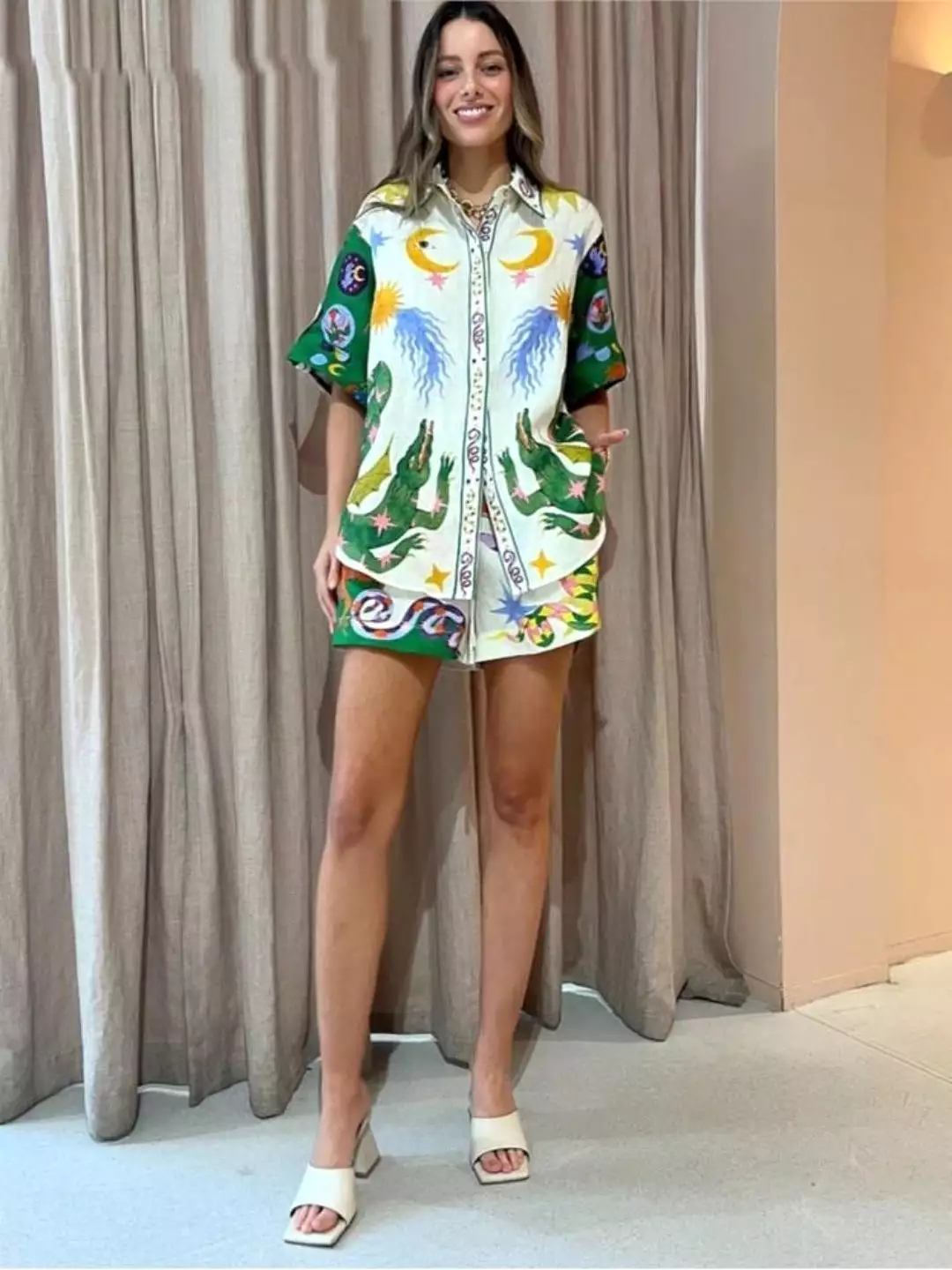 Summer Animal Printed Women Shirt Shorts Suit Beach Holiday Casual Loose Lady Suits Short Sleeve Shirts Elastic Waist Shorts Set