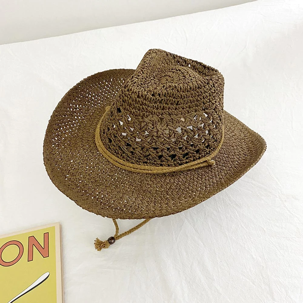 Summer Handmade Cowboy Straw Hat Women Men Summer Outdoor Travel Beach Sun Hats Unisex Solid Western Sunshade Cap