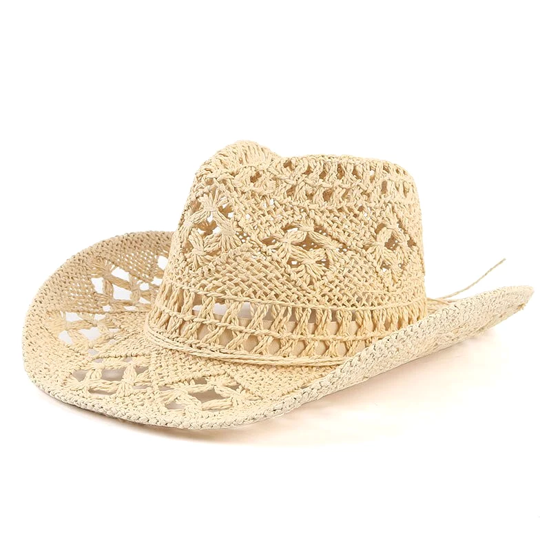 Summer Handmade Cowboy Straw Hat Women Men Summer Outdoor Travel Beach Sun Hats Unisex Solid Western Sunshade Cap