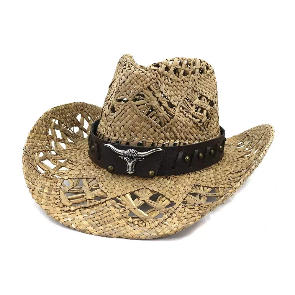 Summer Outdoor Sun Protection Cowboy Straw Hat for Men Women Wide Brim Beach Cap Natural Salt Grass Handmade Crochet Sunhat