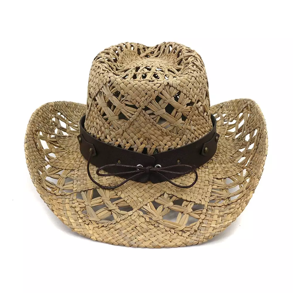 Summer Outdoor Sun Protection Cowboy Straw Hat for Men Women Wide Brim Beach Cap Natural Salt Grass Handmade Crochet Sunhat