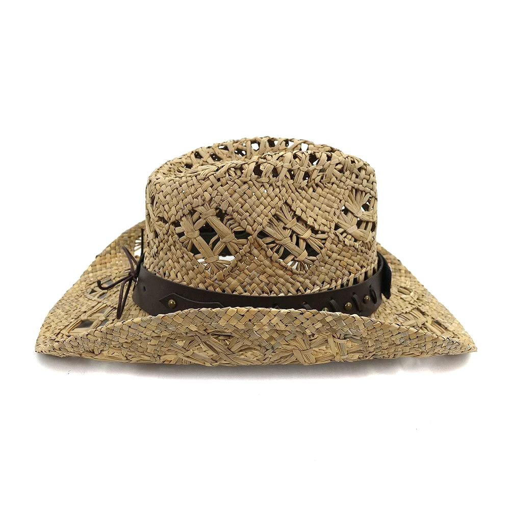 Summer Outdoor Sun Protection Cowboy Straw Hat for Men Women Wide Brim Beach Cap Natural Salt Grass Handmade Crochet Sunhat