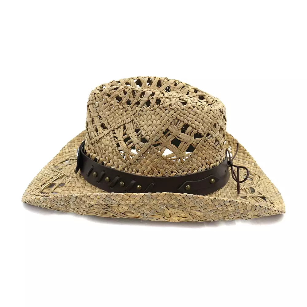 Summer Outdoor Sun Protection Cowboy Straw Hat for Men Women Wide Brim Beach Cap Natural Salt Grass Handmade Crochet Sunhat