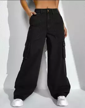 Super Wide Leg Cargo Flap Pocket Black