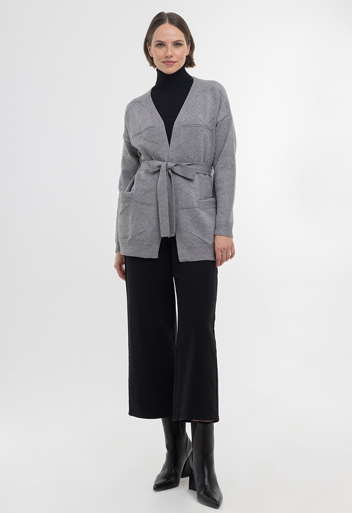 Textured Knitted Open Cardigan With Self-Tie Waist Band