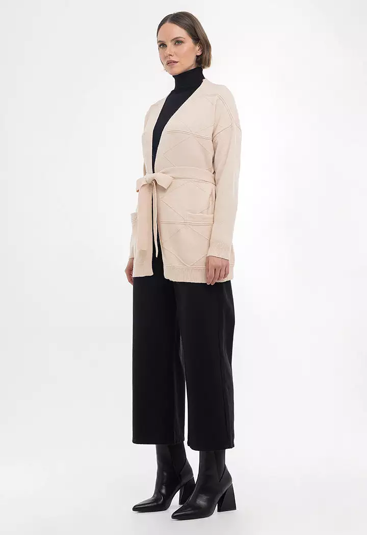 Textured Knitted Open Cardigan With Self-Tie Waist Band