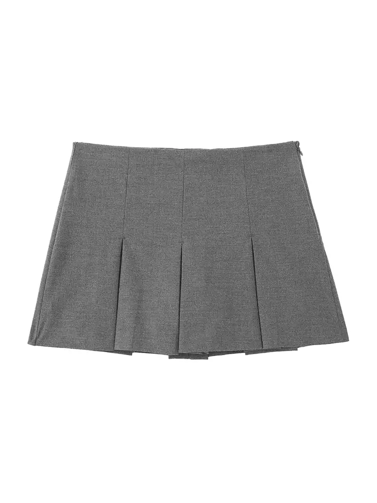 TRAF Women Fashion With Pleated Shorts Skirts Vintage High Waist Side Zipper Female Skort Mujer