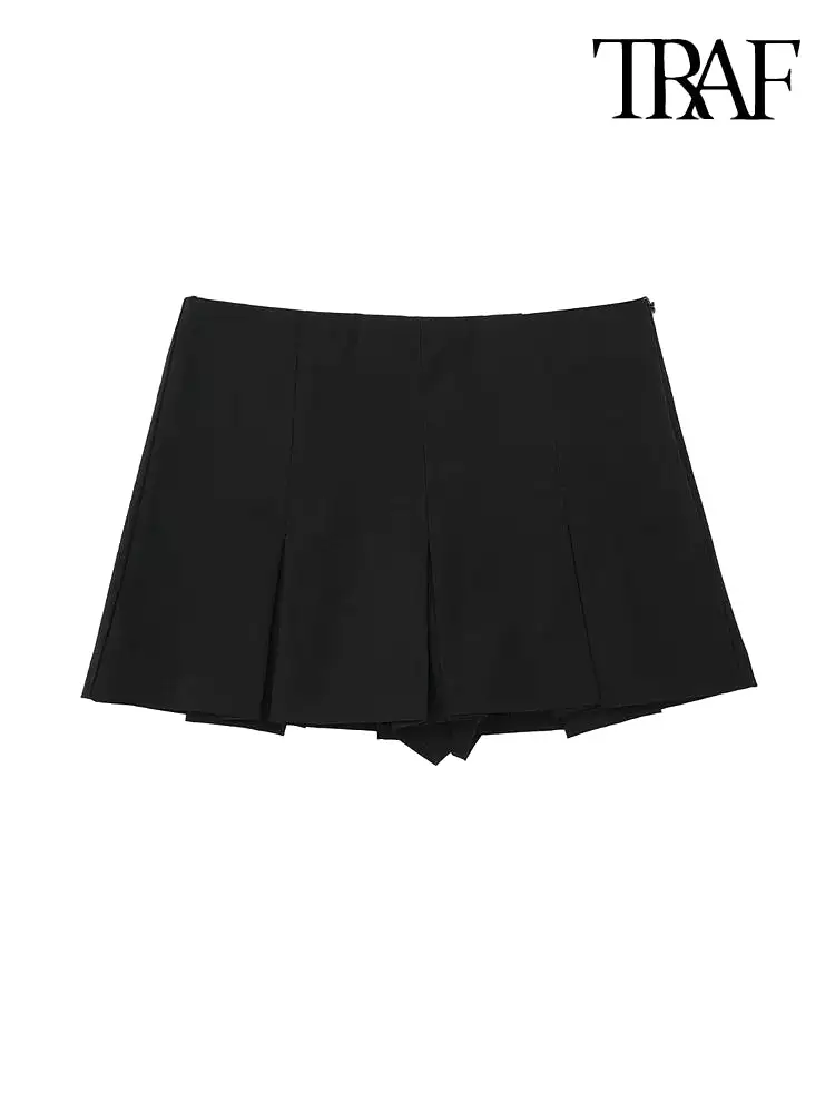 TRAF Women Fashion With Pleated Shorts Skirts Vintage High Waist Side Zipper Female Skort Mujer