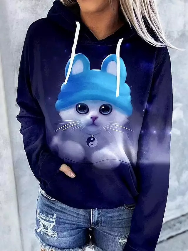 Trendy Tie Dye Cat Graphic Hoodie with Front Pocket for Women