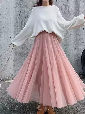 Vintage Style Women's Pleated Tulle Maxi Skirt