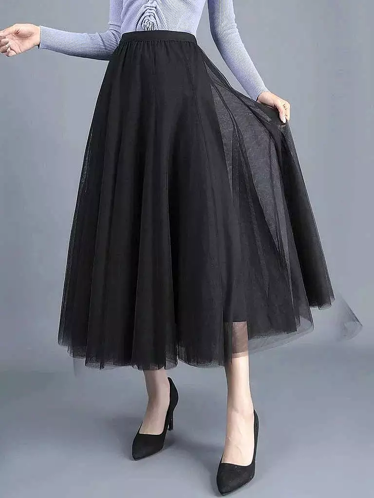 Vintage Style Women's Pleated Tulle Maxi Skirt