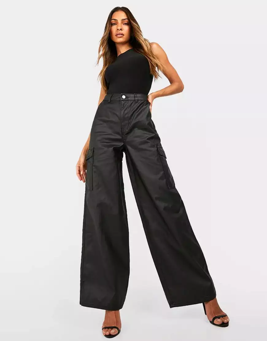 Wide Leg Cargo Coated Jeans Stretch-Black