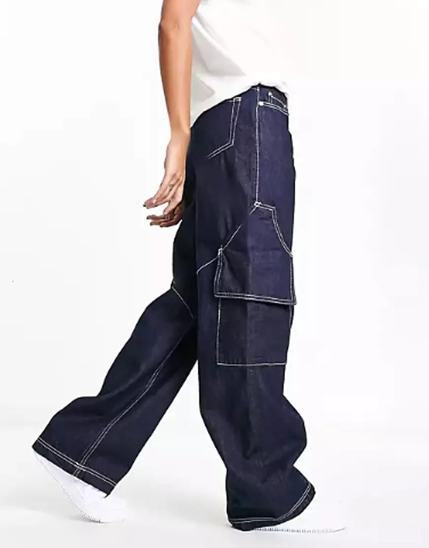 Wide Leg Cargo Jeans Dark Blue