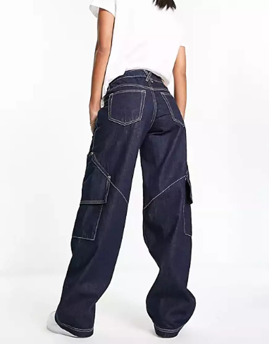 Wide Leg Cargo Jeans Dark Blue