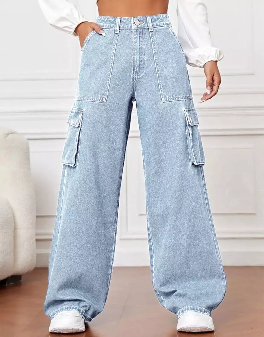 Wide Leg Flap Pocket Cargo Light Wash