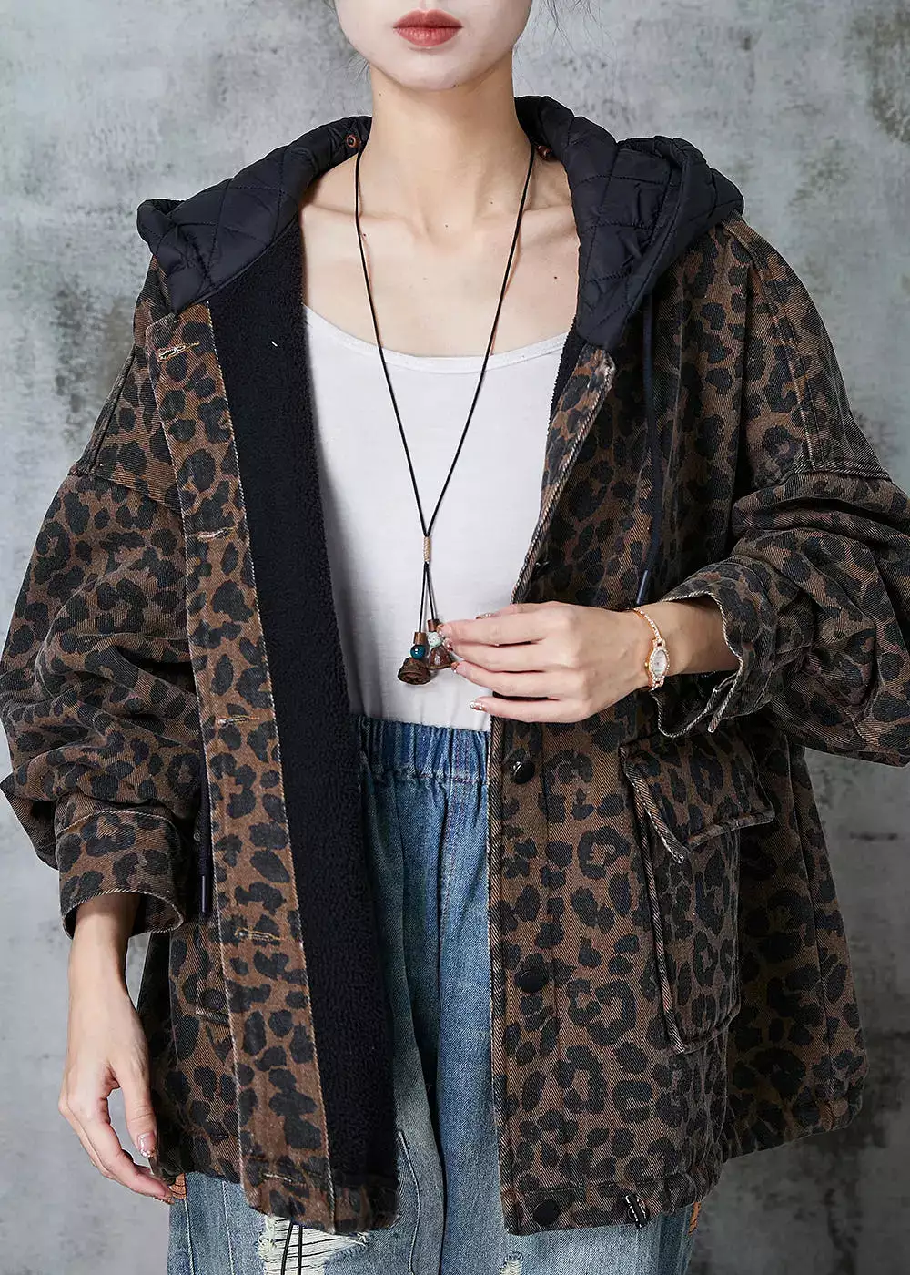 Women Coffee Hooded Leopard Print Warm Fleece Coat Spring JK1015