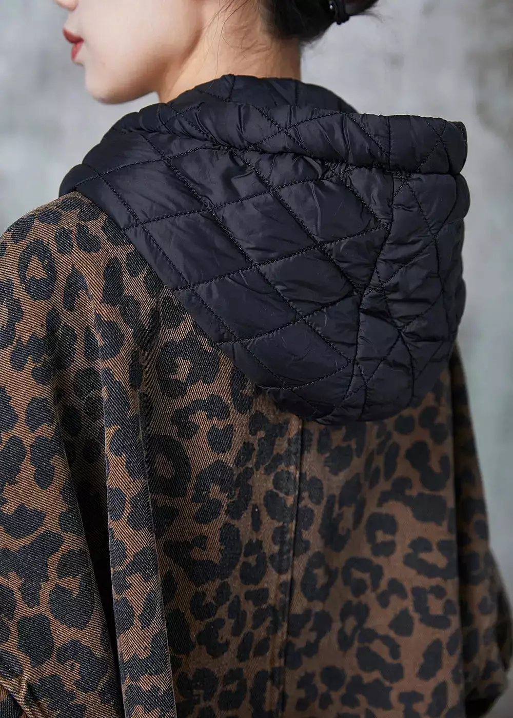 Women Coffee Hooded Leopard Print Warm Fleece Coat Spring JK1015