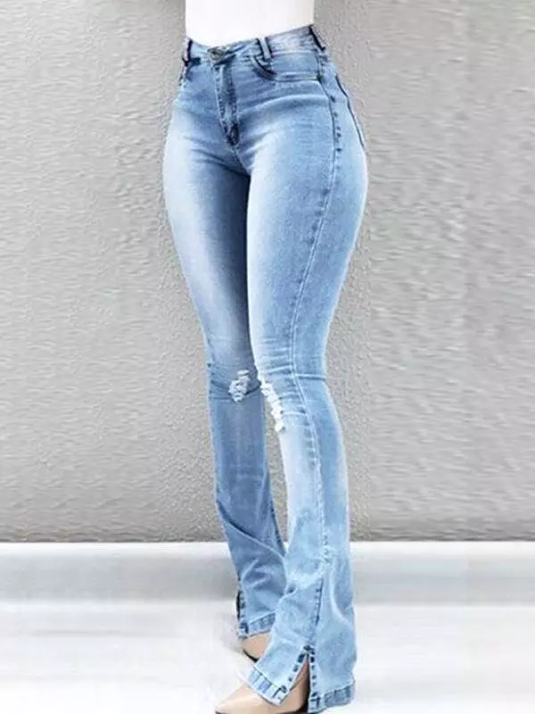 Women Jeans - High Waist Slit Flared Jeans