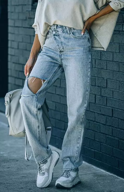 Women Ripped Jeans - Irregular Waist