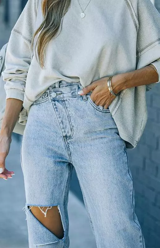 Women Ripped Jeans - Irregular Waist