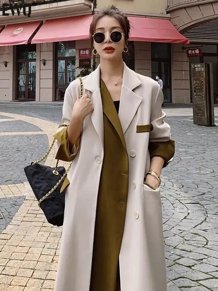 Women Trench Coat Color-block Patchwork Design Lapel Single Breasted Casual Loose Women High Quality Windbreaker Overcoat S47480