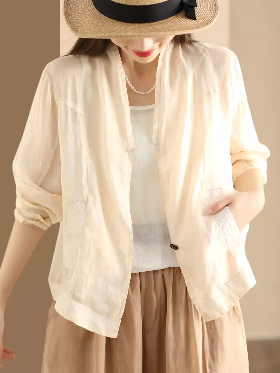 Women Vintage Solid Summer Ramie Thin Cardigan Shirt Coat SC1056