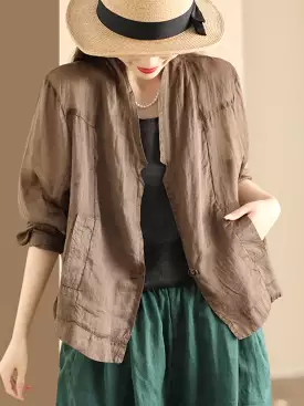 Women Vintage Solid Summer Ramie Thin Cardigan Shirt Coat SC1056